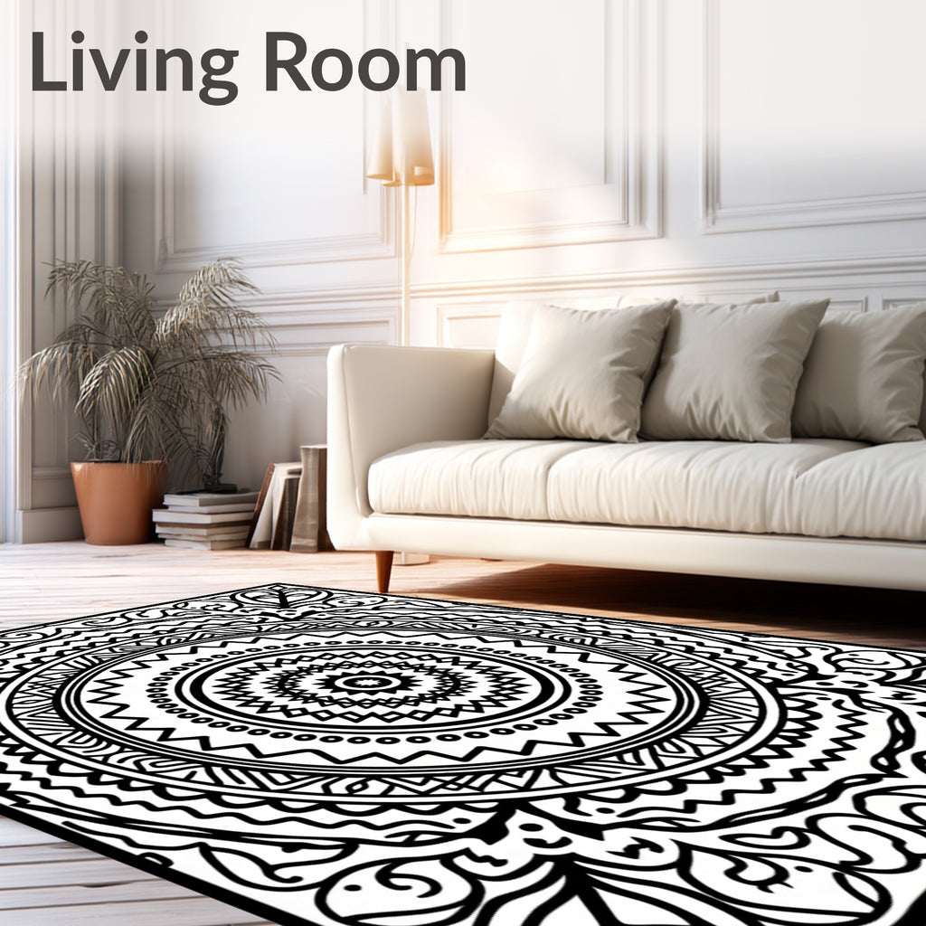 Black White Floral Mandala Ornament Rug