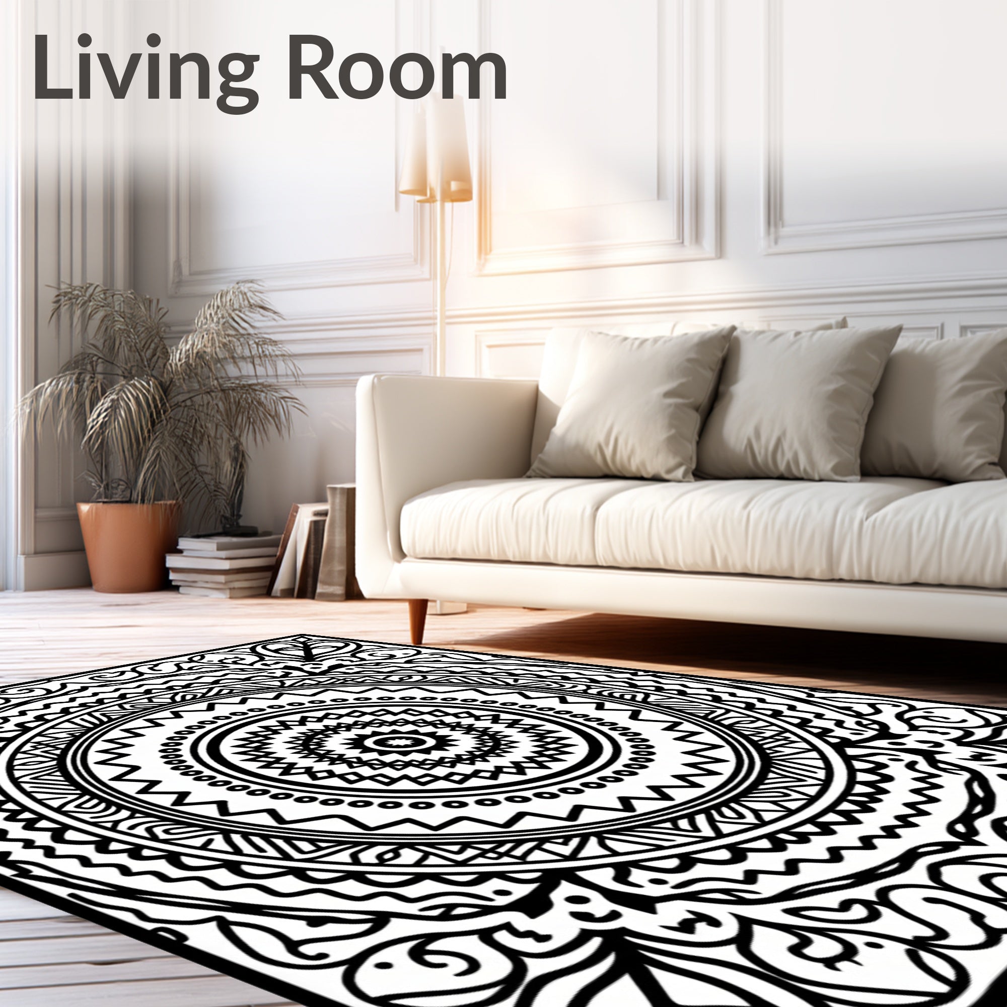 Black White Floral Mandala Ornament Rug