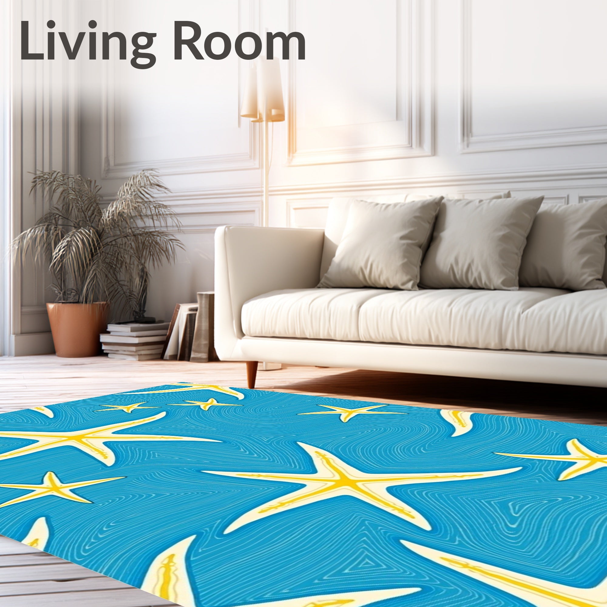 Coastal Yellow Starfish Aquatic Swirl Rug