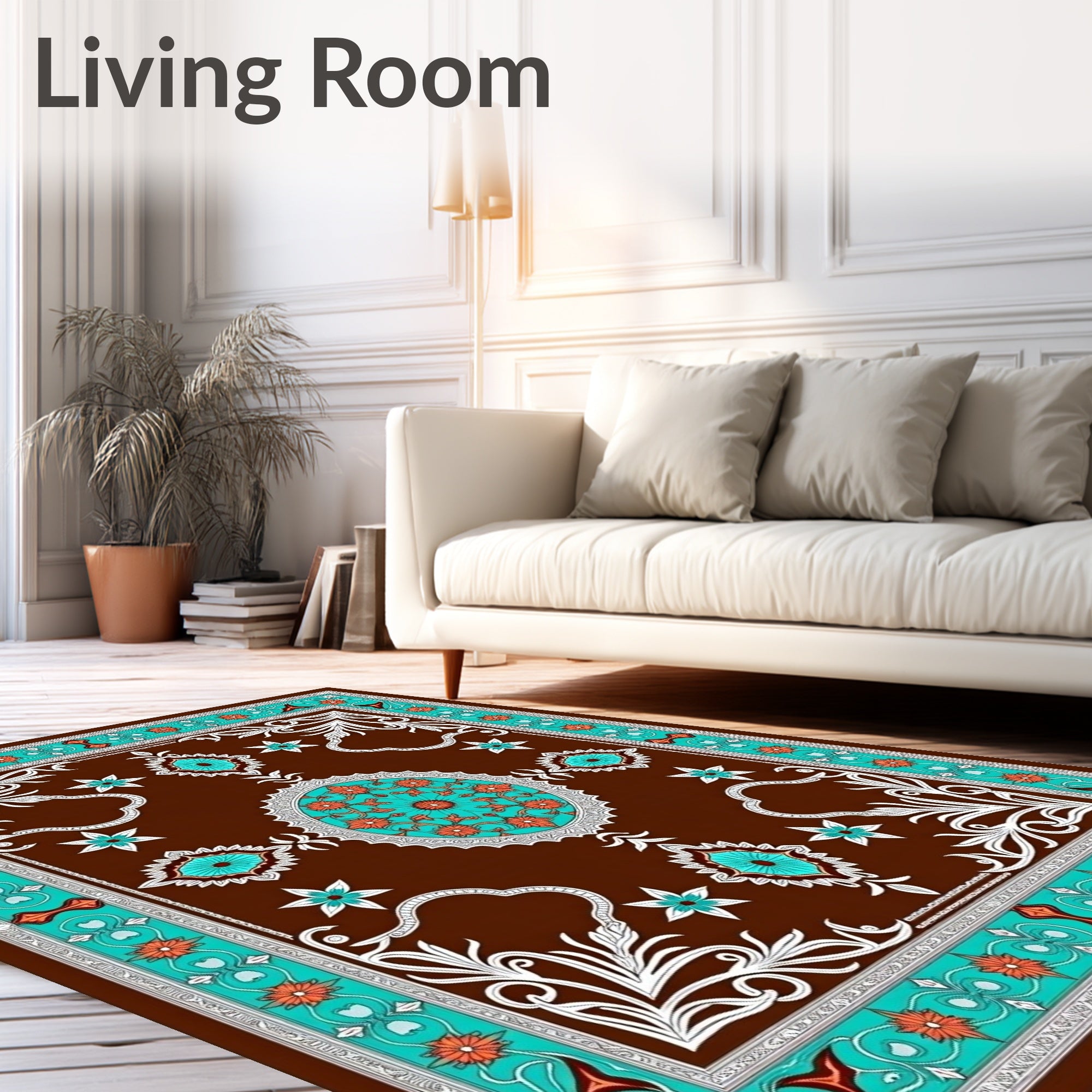 Brown Teal Orange Floral Medallion Rug