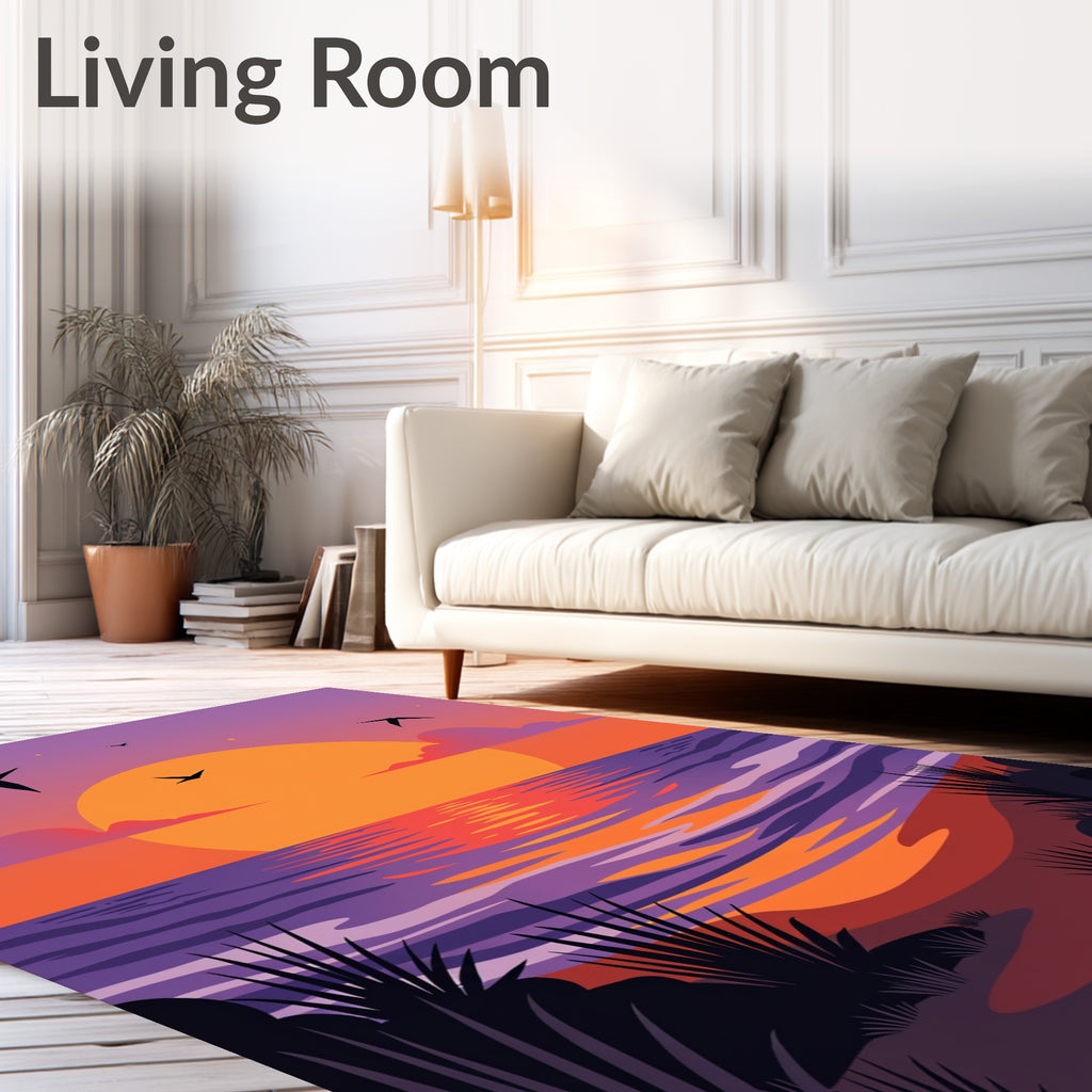 Sunset Beach Birds Purple Orange Waves Rug