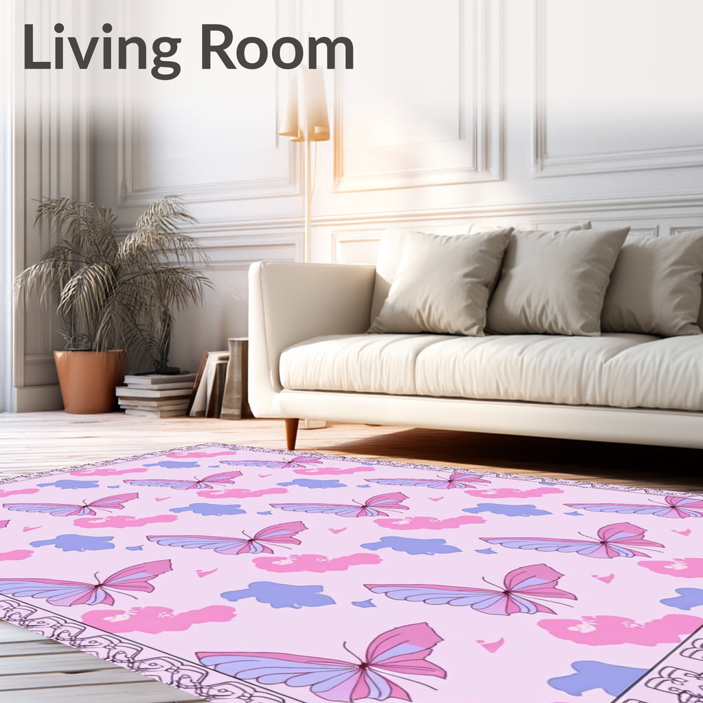 Pink Butterfly Garden Whimsical Design Rug