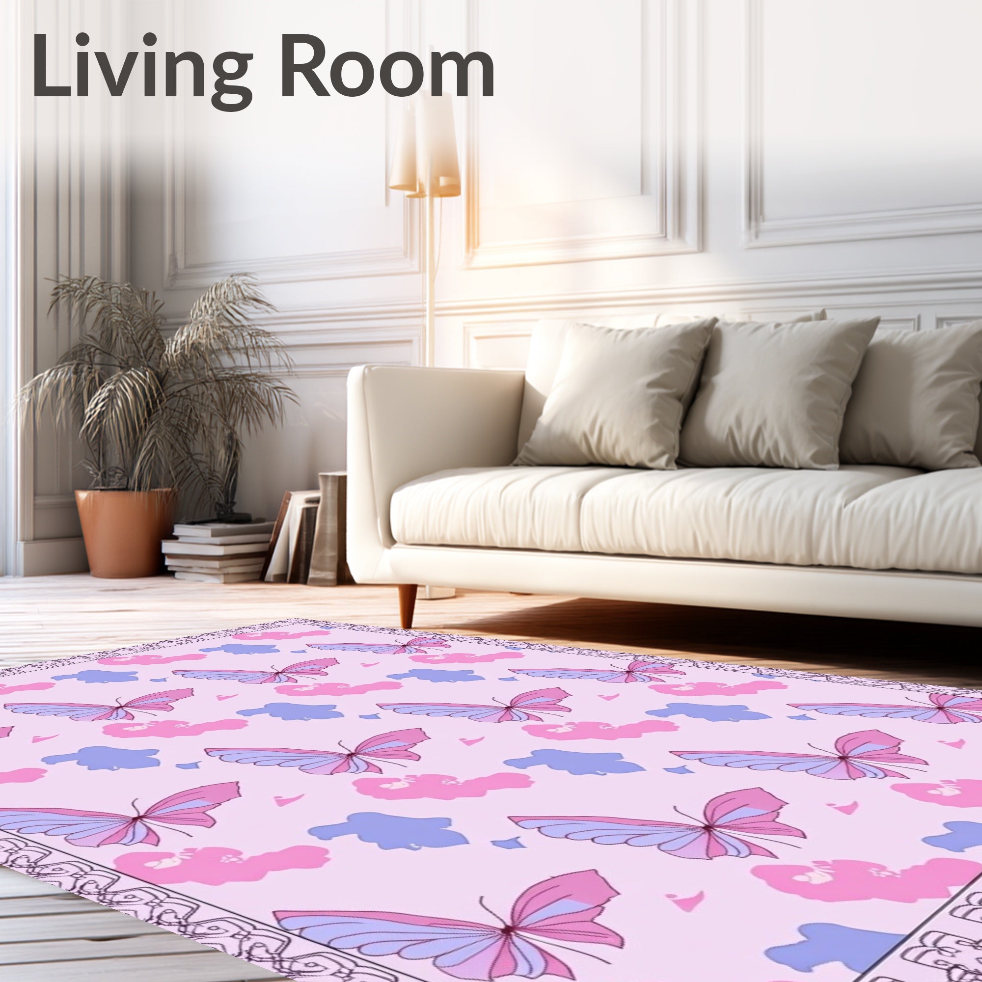 Pink Butterfly Garden Whimsical Design Rug