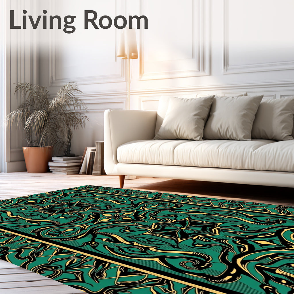Emerald Gold Stylized Floral Symmetry Rug