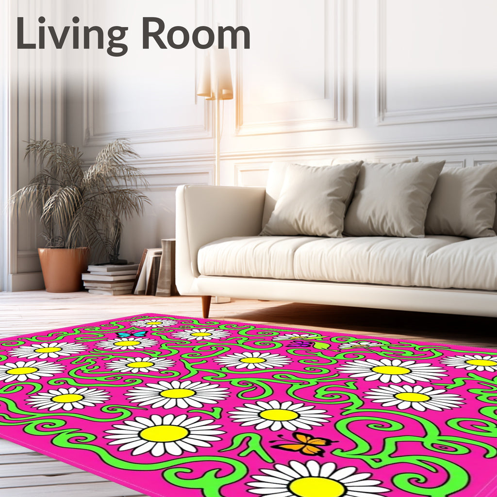 Pink Daisy Garden with Butterflies Rug