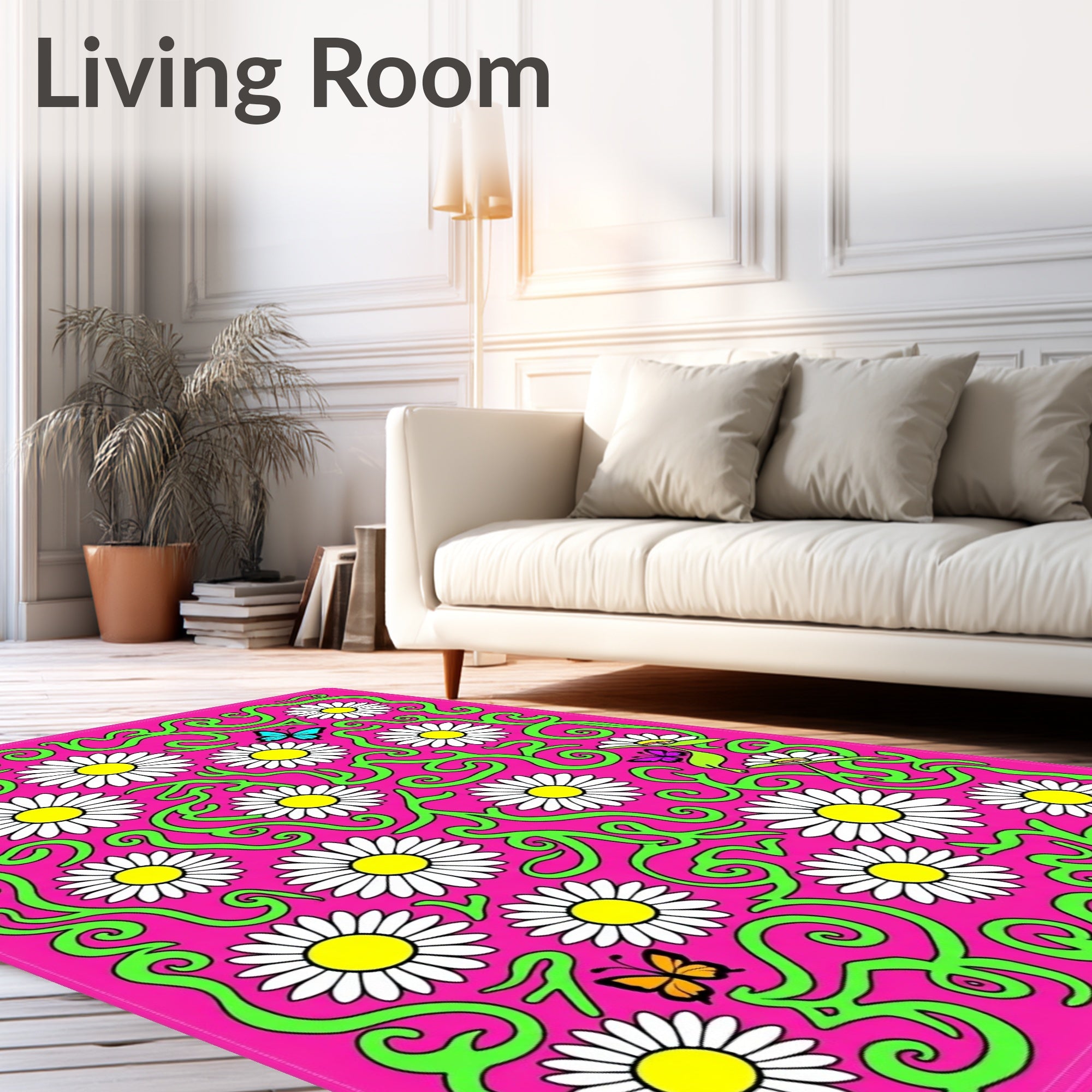 Pink Daisy Garden with Butterflies Rug