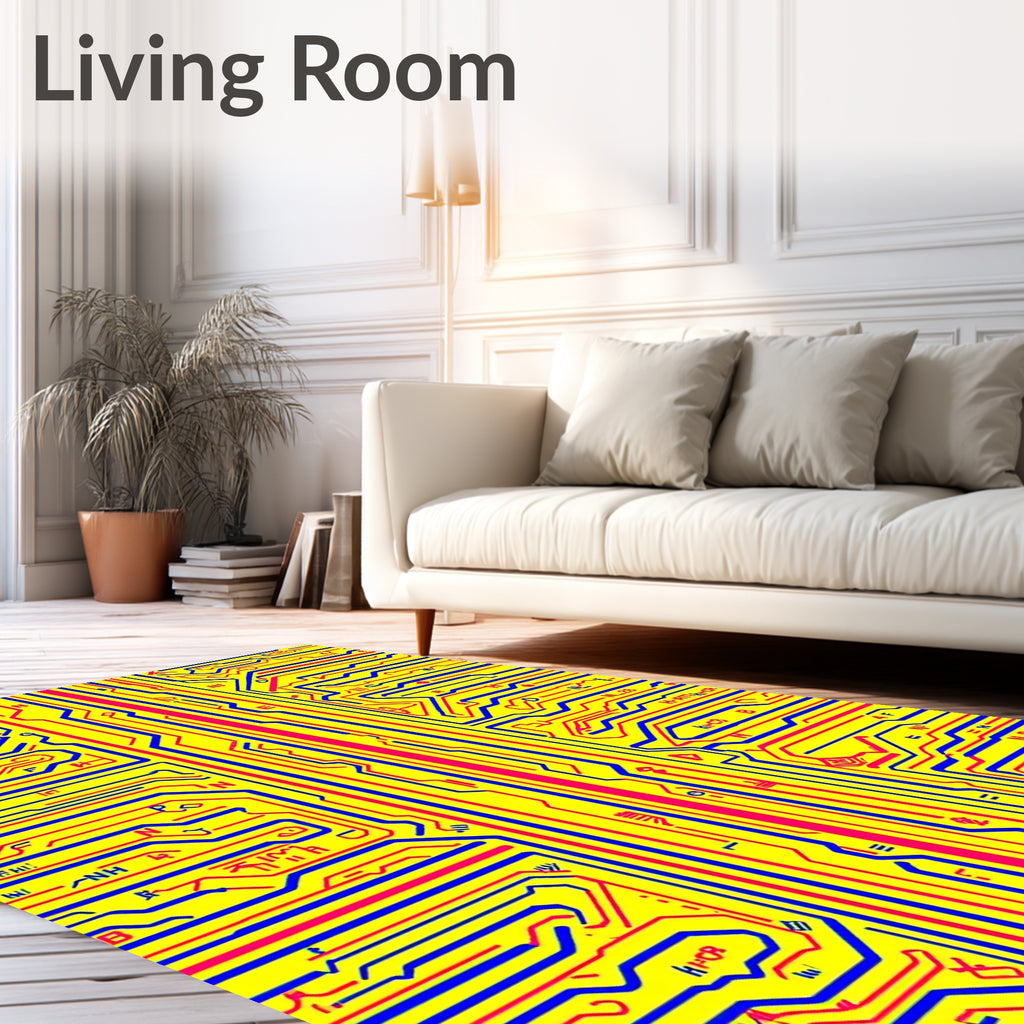 Yellow Circuit Board Red Blue Lines Rug