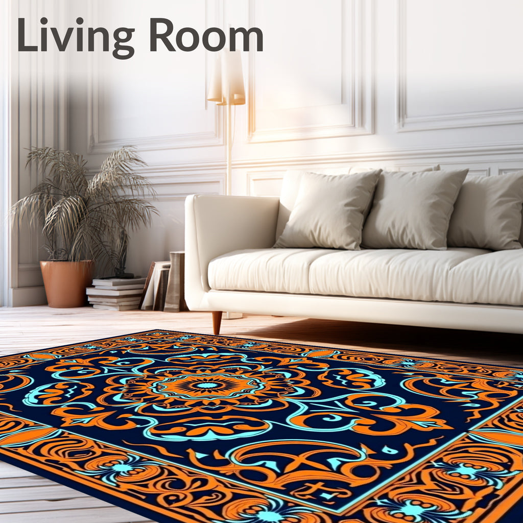 Vivid Orange Teal Medallion Border Rug