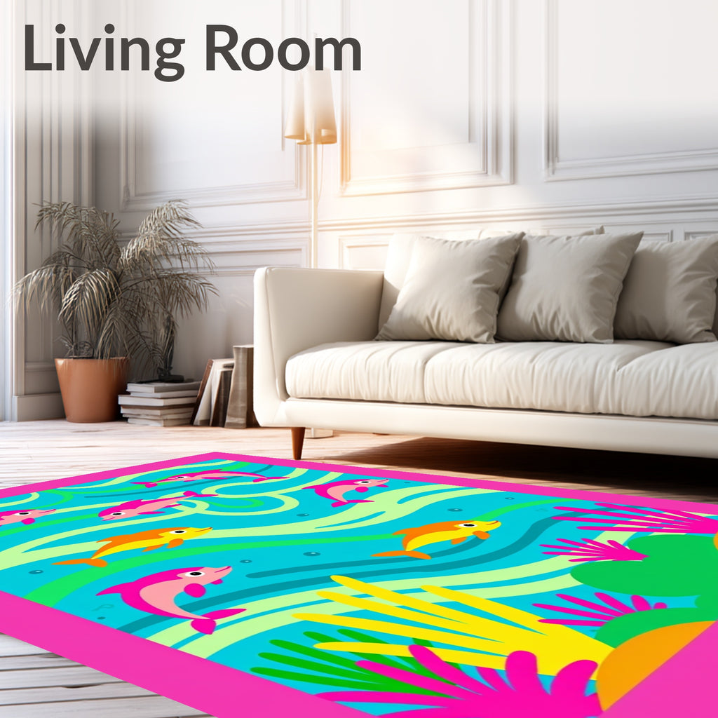 Playful Pink Dolphins Ocean Waves Rug