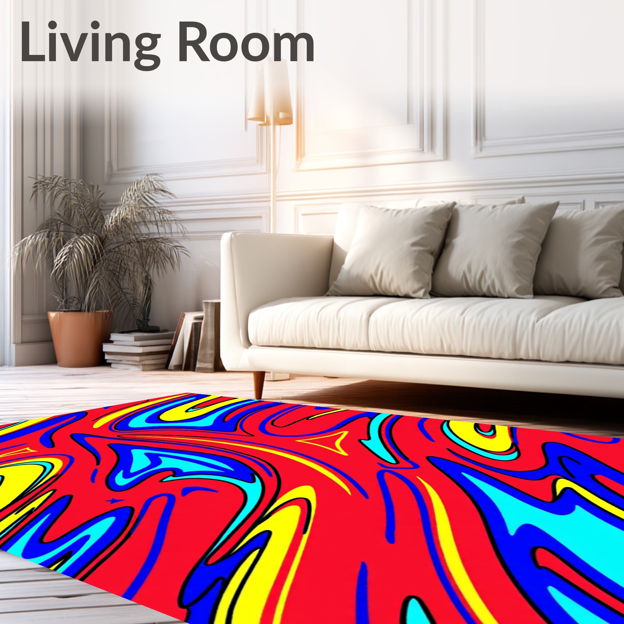 Vibrant Red Blue Yellow Swirls Rug