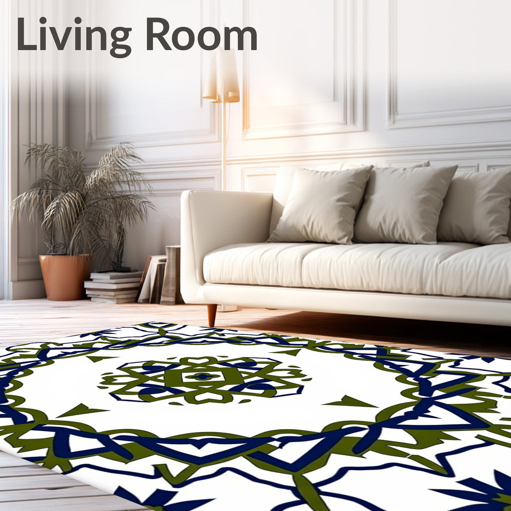 Navy Olive Green Radial Mandala Rug