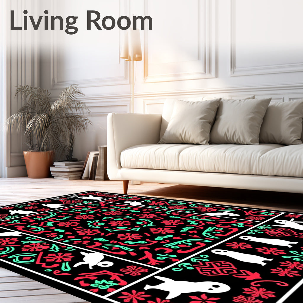 Whimsical White Creatures Red Teal Medallion Rug