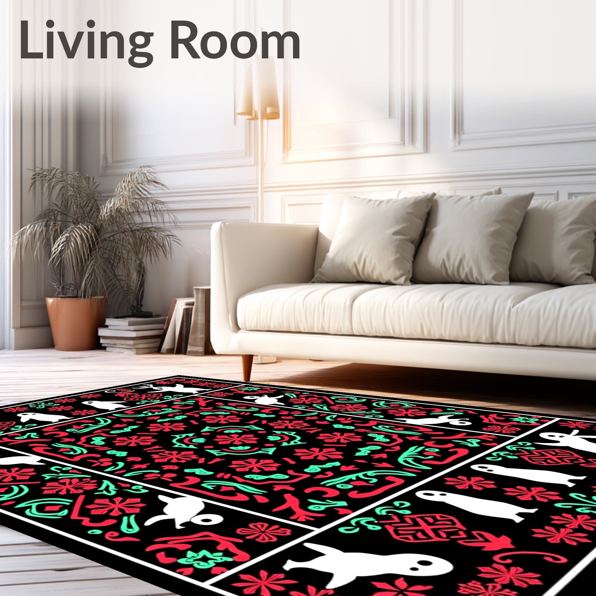 Whimsical White Creatures Red Teal Medallion Rug