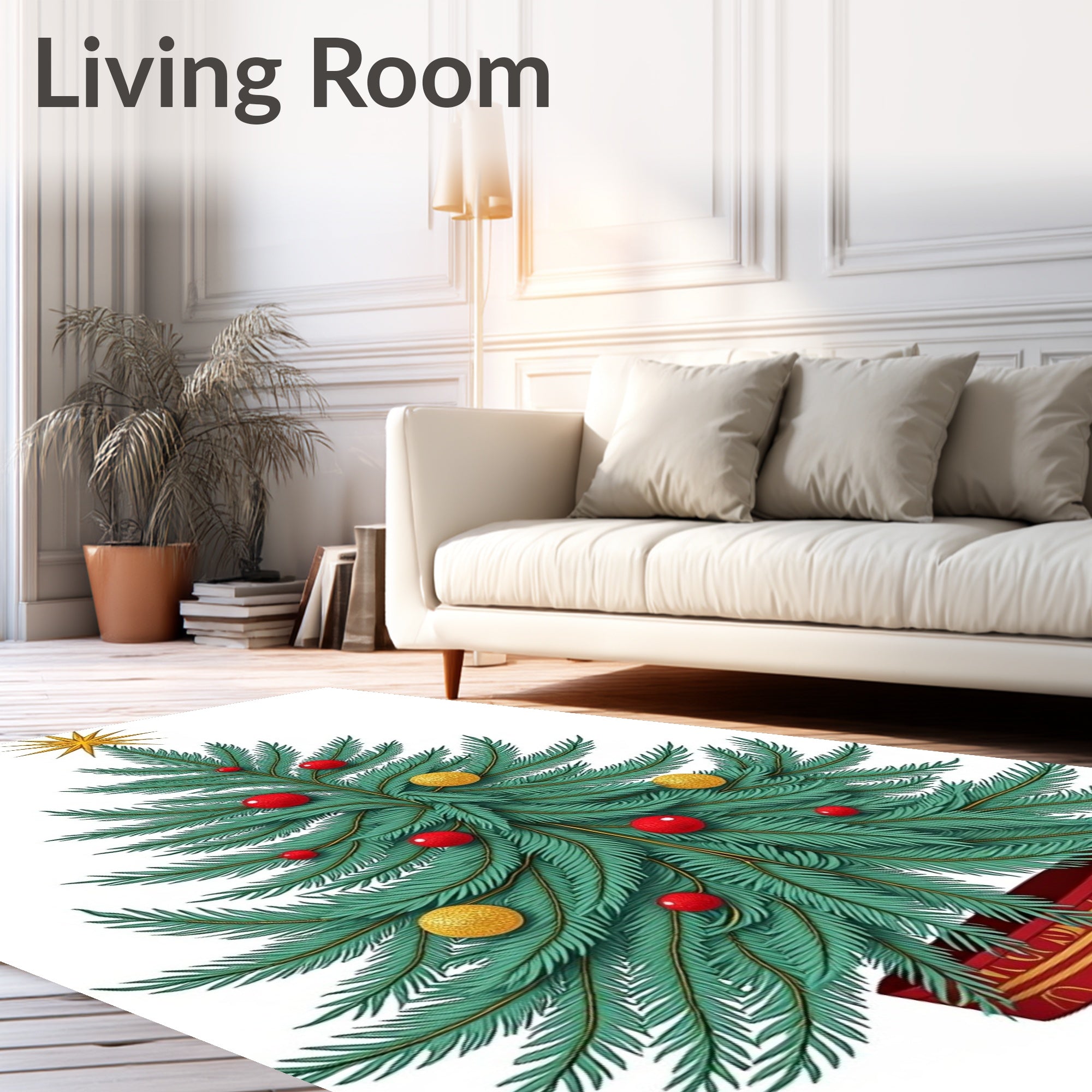 Festive Green Fir Tree Red Gold Ornaments Rug