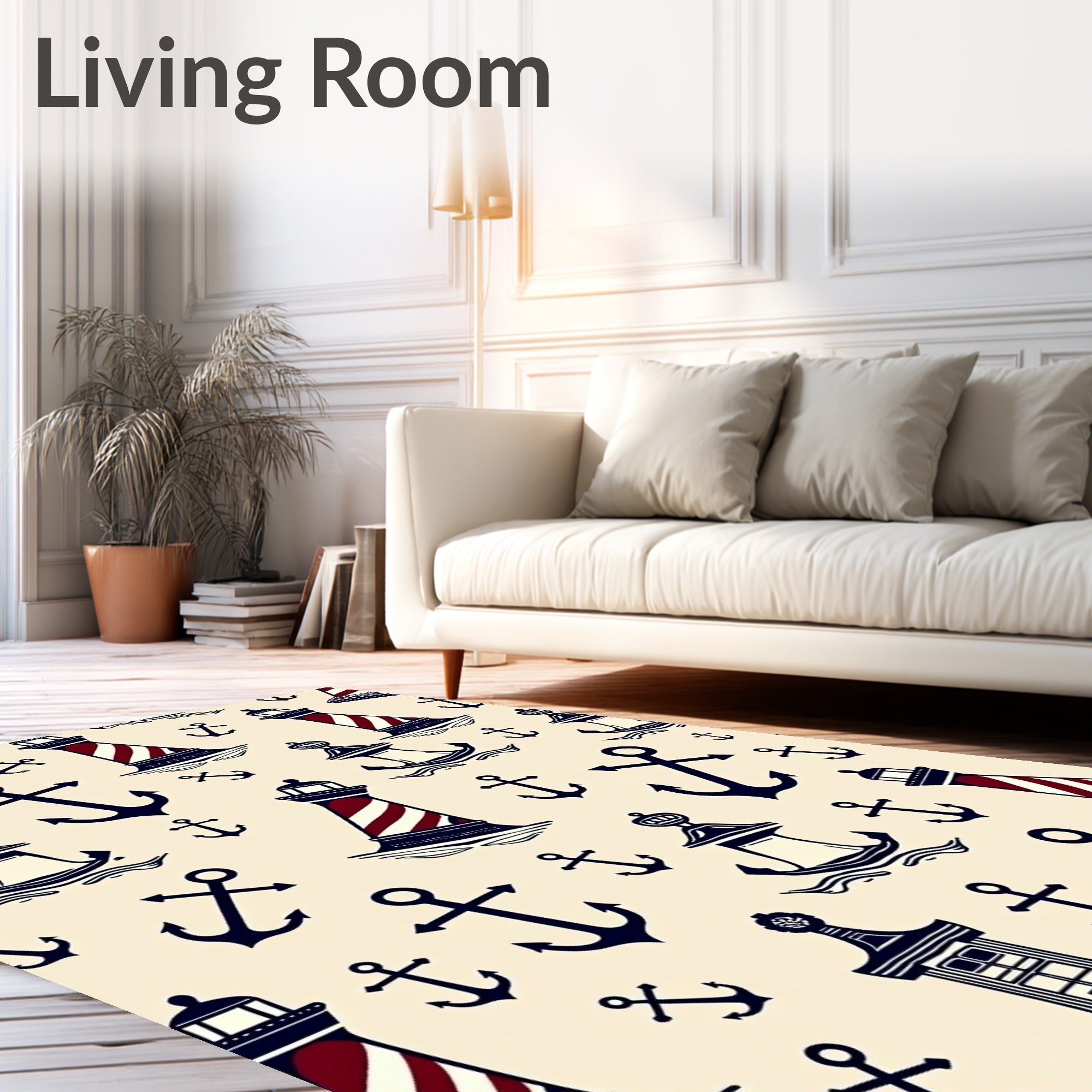 Nautical Lighthouses Anchors Cream Rug
