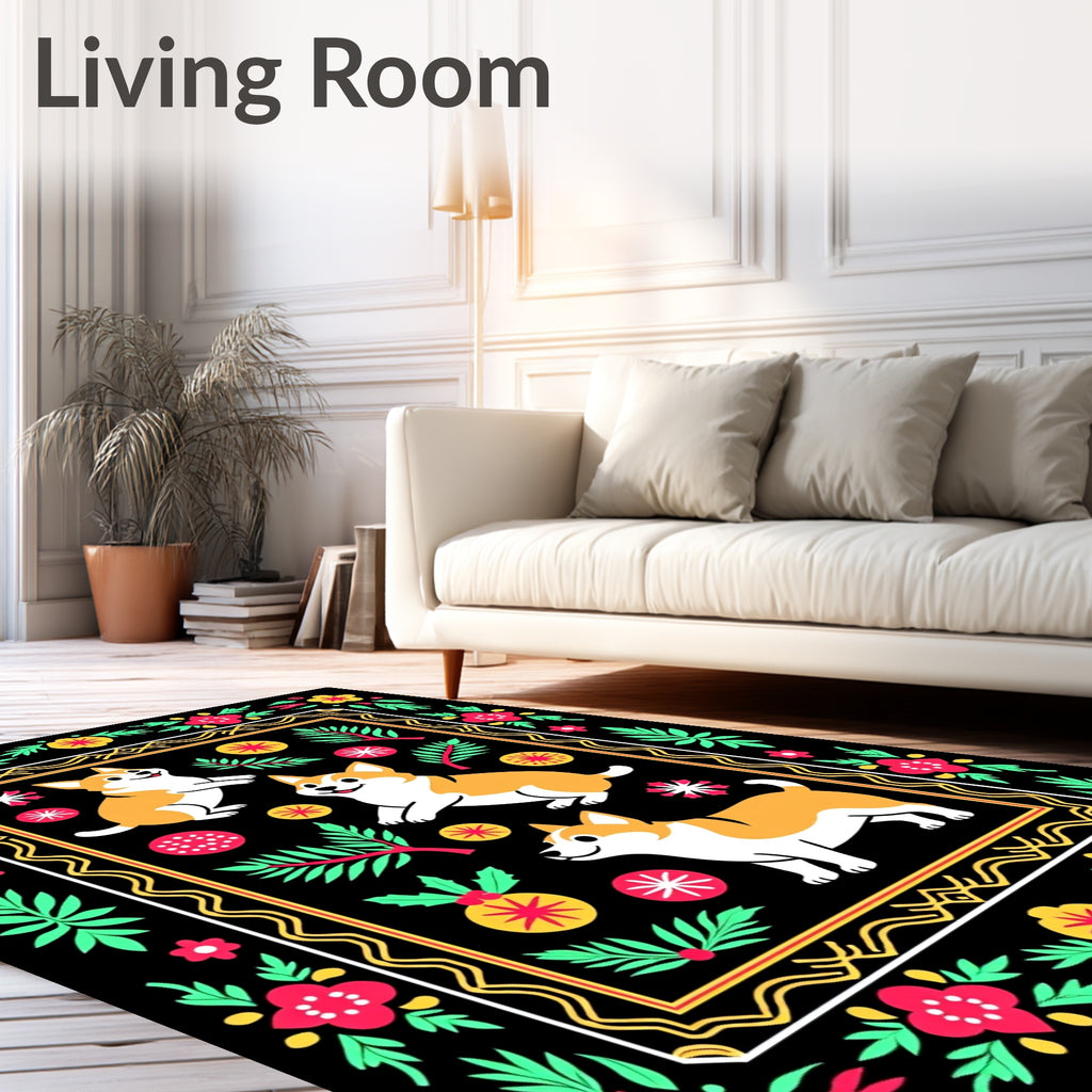Whimsical Corgi Floral Border Rug