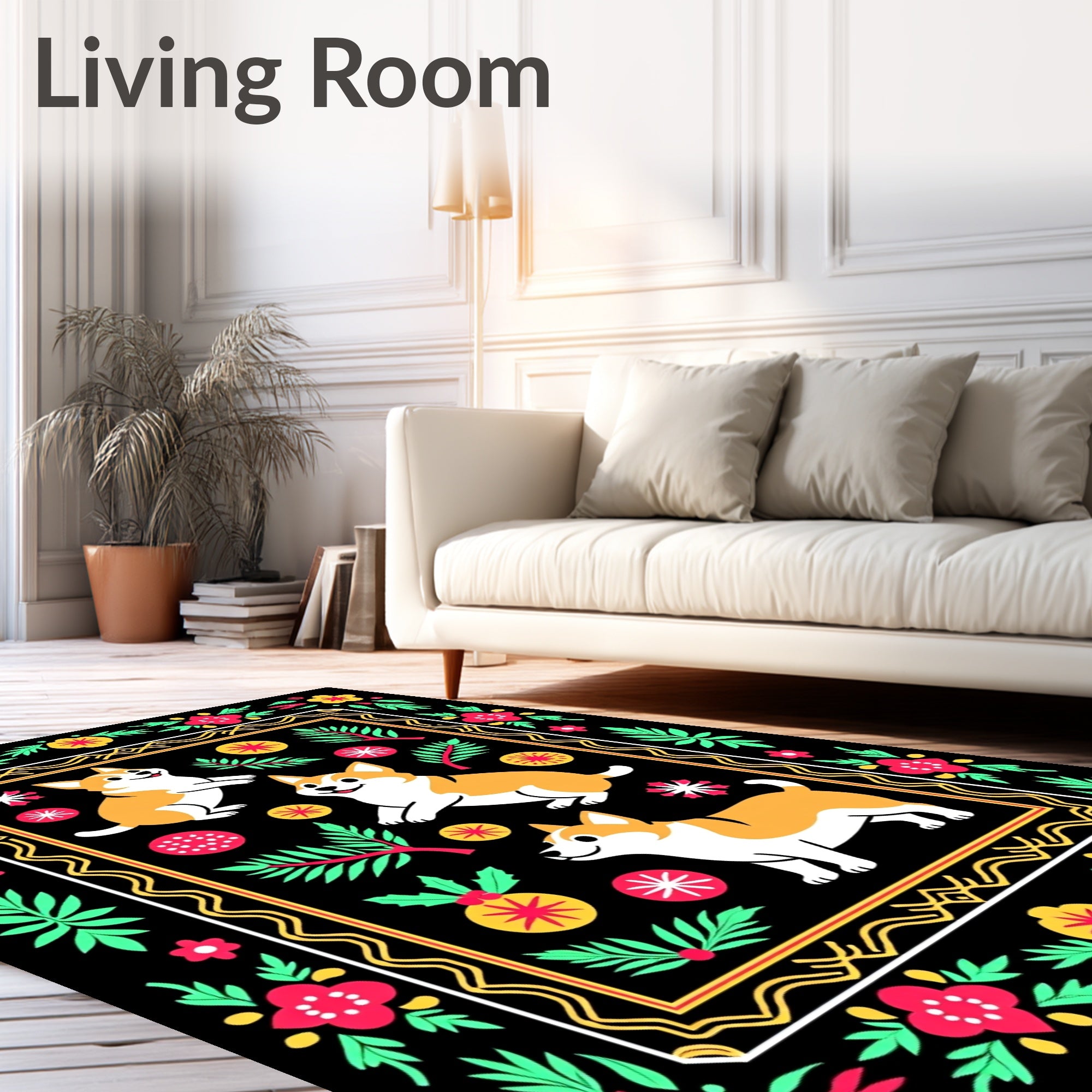 Whimsical Corgi Floral Border Rug