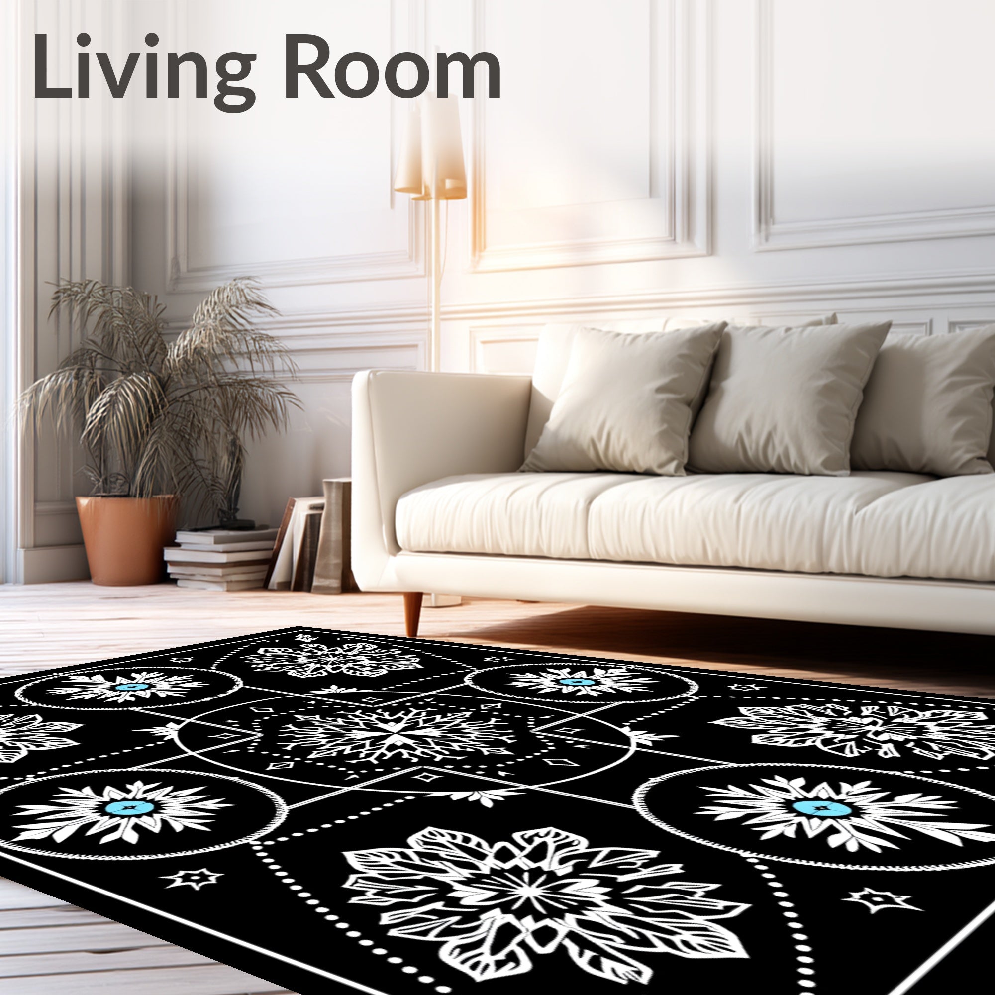 Black White Cyan Snowflake Medallion Rug