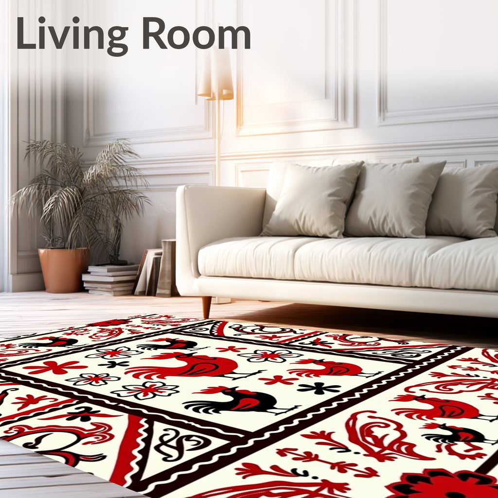Folk Art Roosters Floral Border Rug