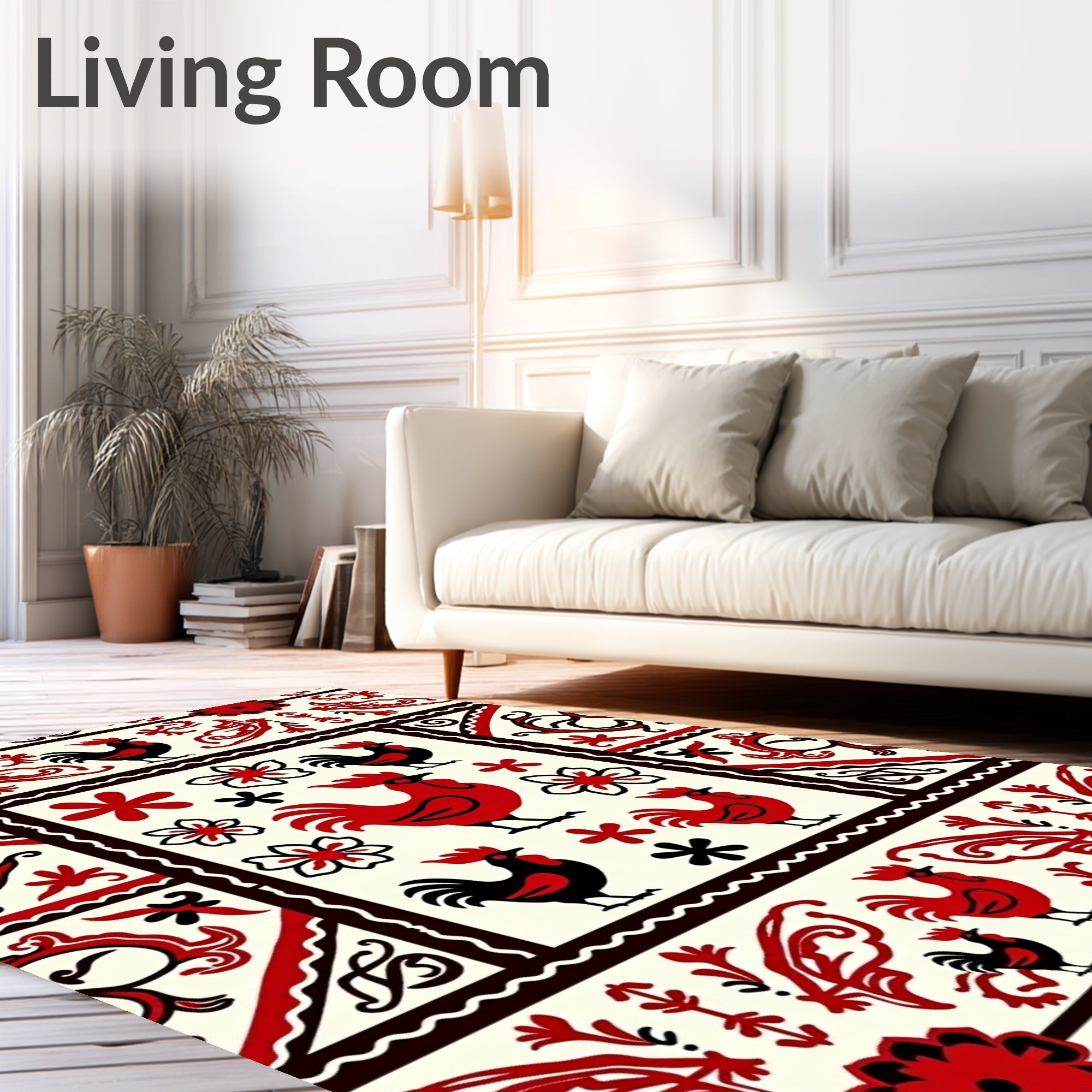 Folk Art Roosters Floral Border Rug