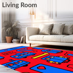 Blue and Red Toy Train Landscape Rug