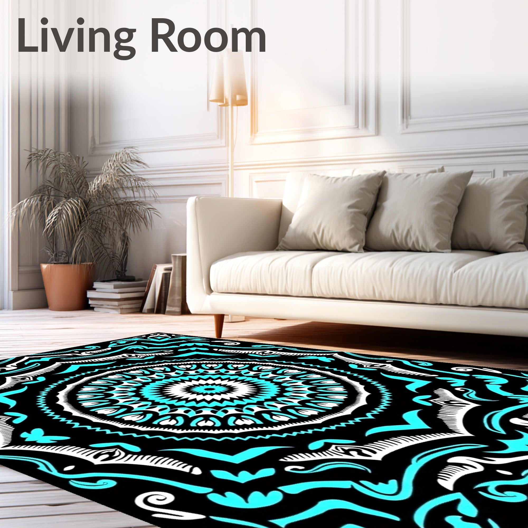 Turquoise White Black Mandala Bloom Rug