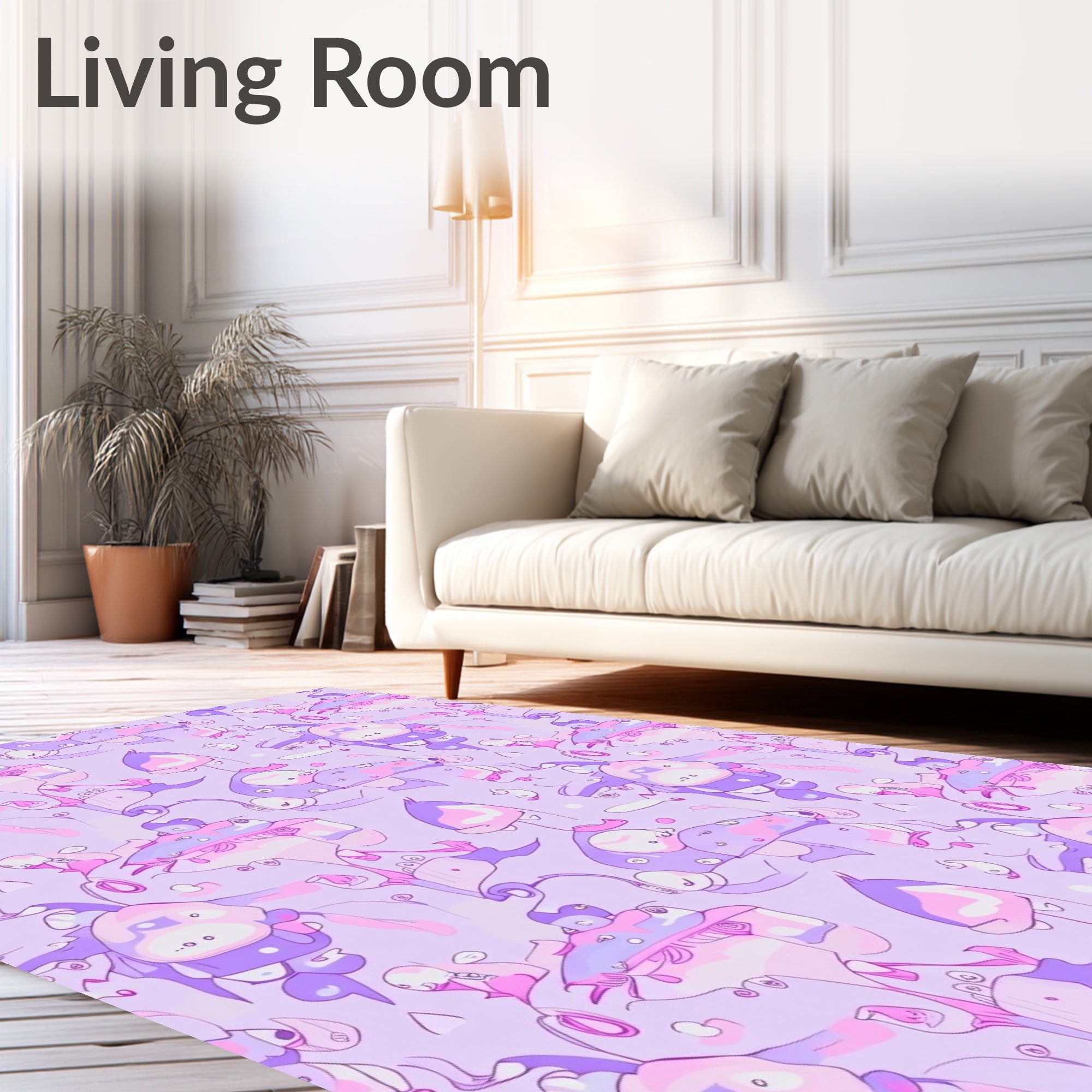 Whimsical Purple Cream Character Collage Rug