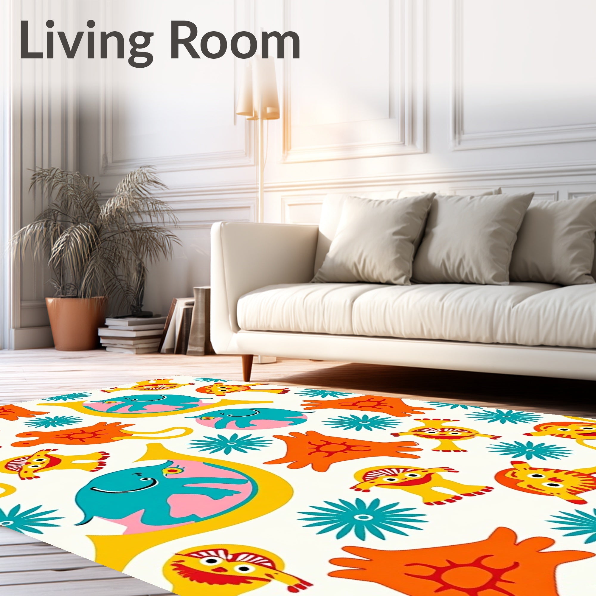 Whimsical Creatures Teal Orange Yellow Rug