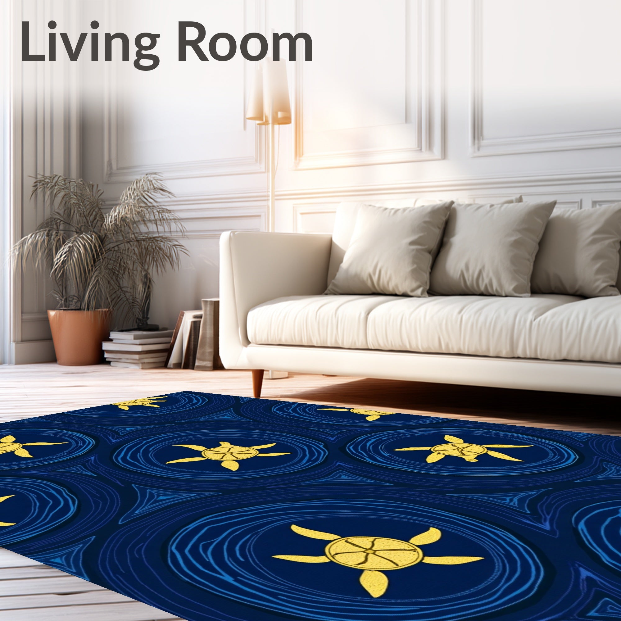 Golden Turtles in Blue Circular Waves Rug