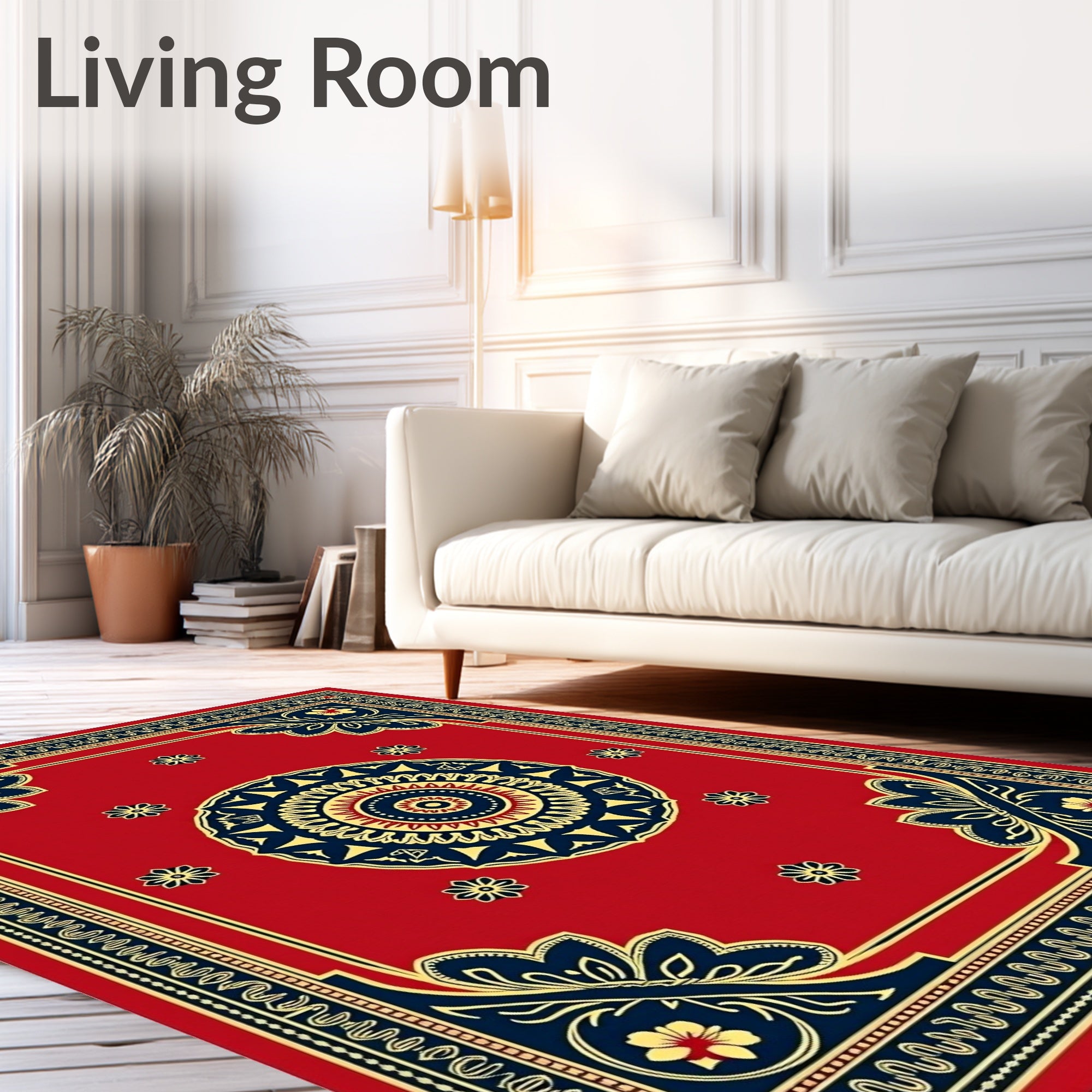 Vibrant Red Golden Floral Medallion Rug