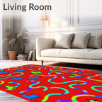 Whimsical Red Goats Abstract Wavy Colorful Rug