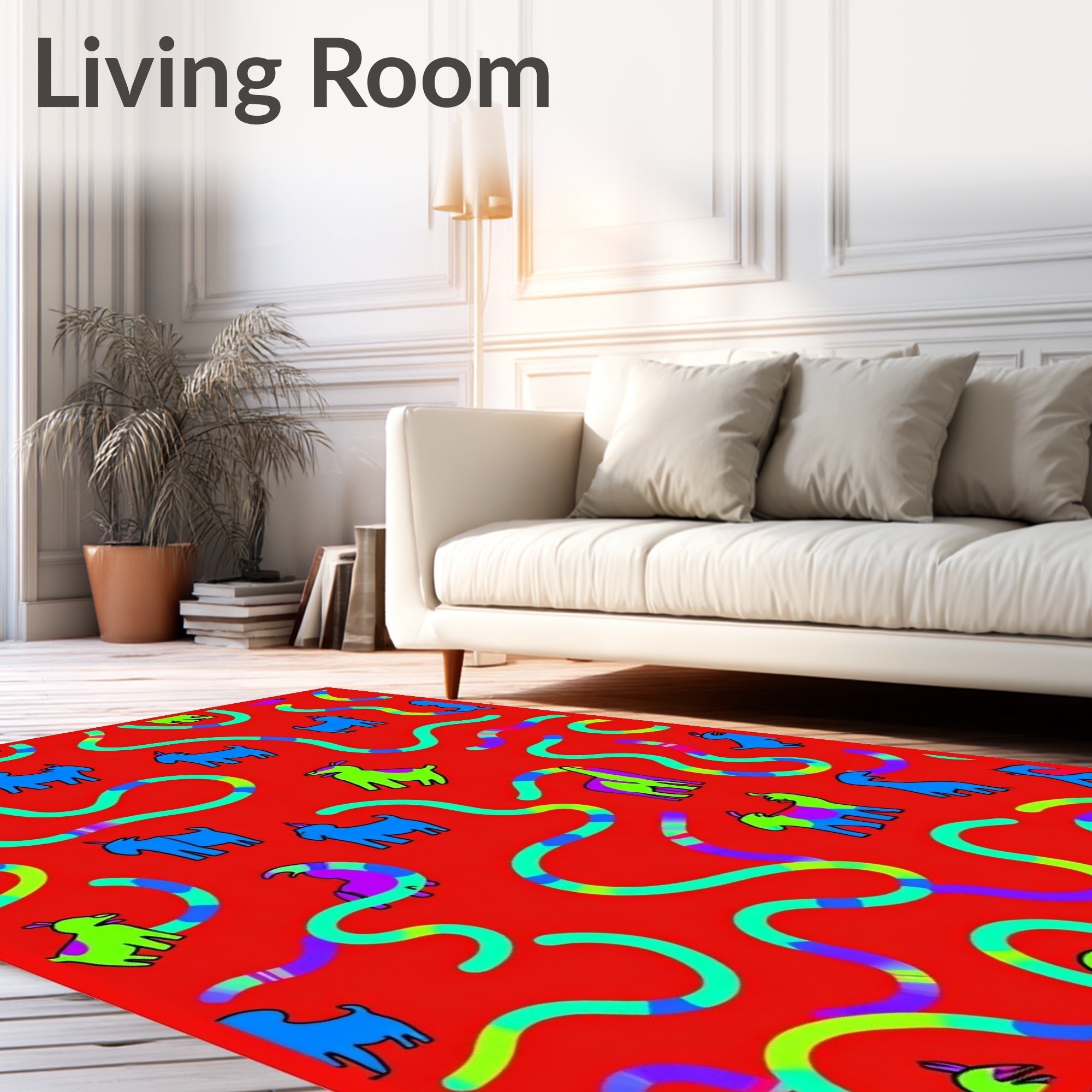 Whimsical Red Goats Abstract Wavy Colorful Rug