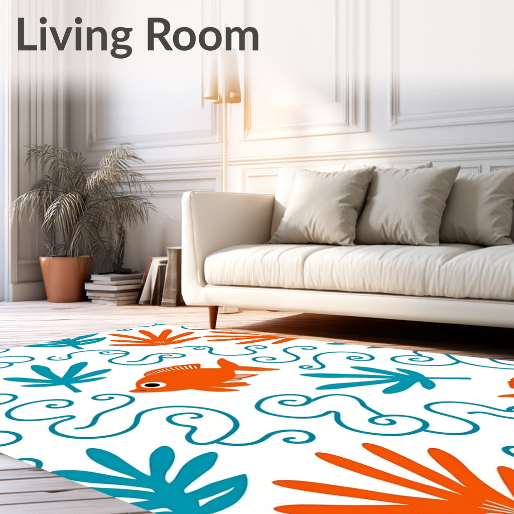Orange Fish Teal Leaf Swirls Rug