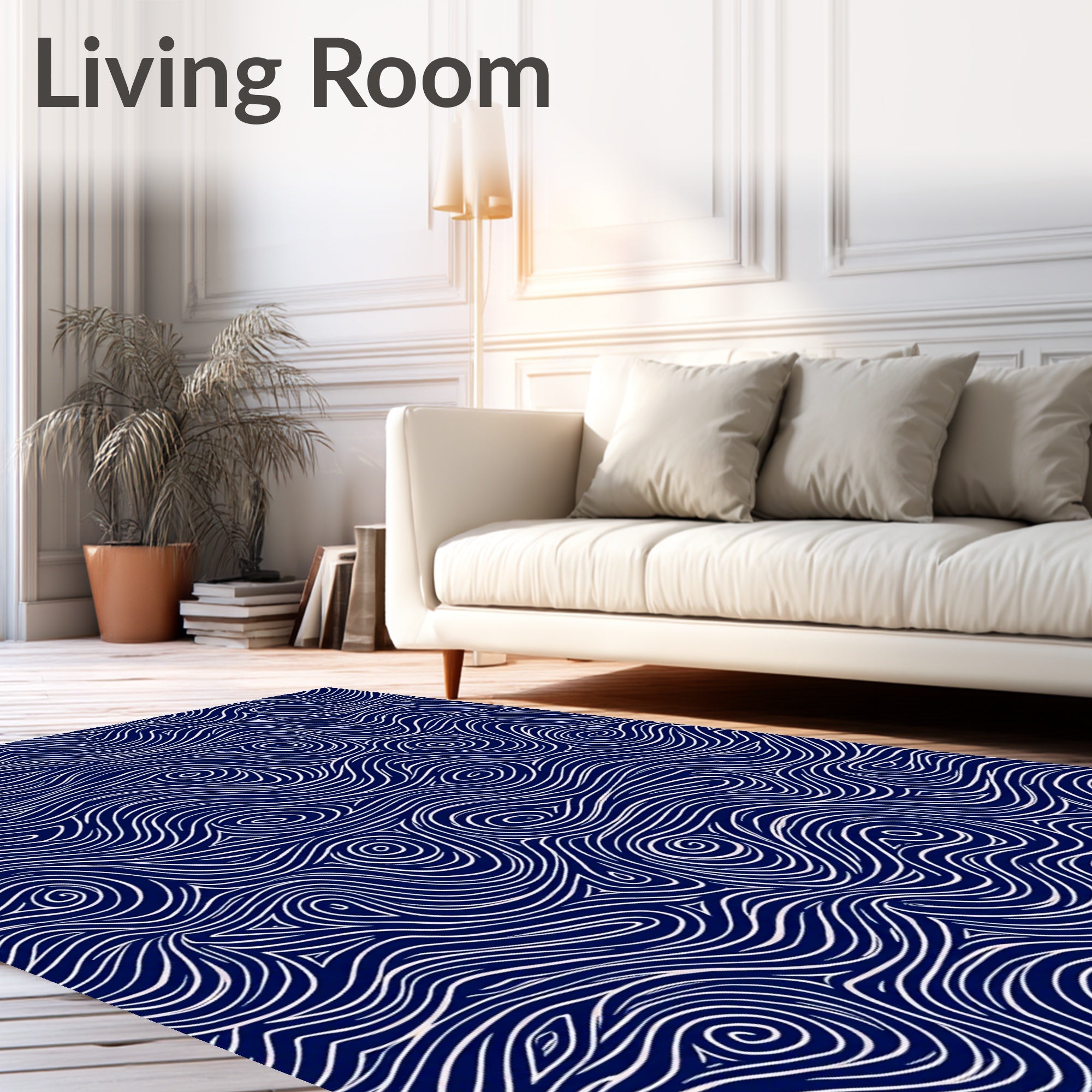 Deep Blue Swirling Line Artwork Rug