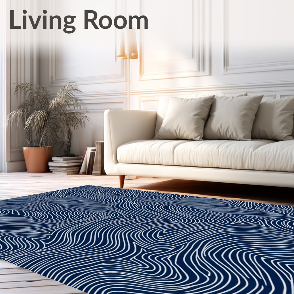 Navy White Curving Lines Rug