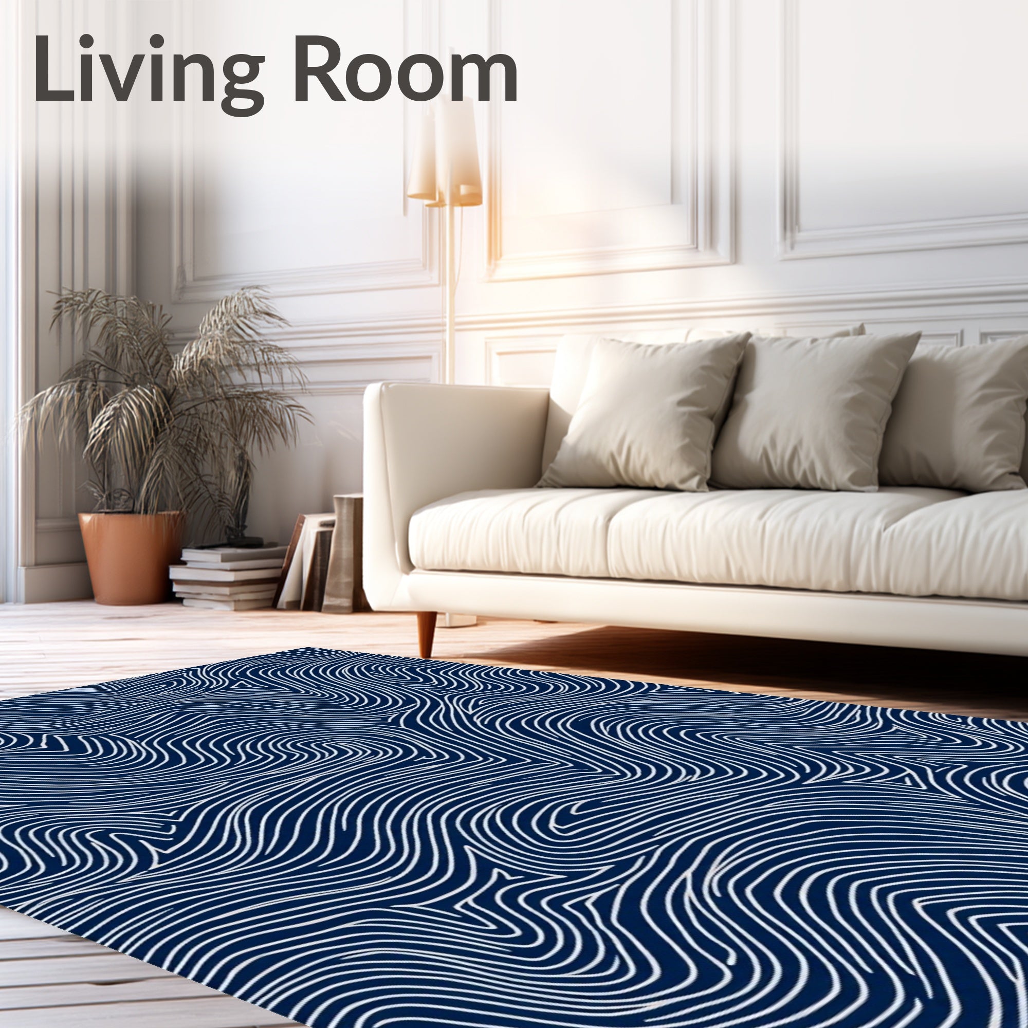 Navy White Curving Lines Rug