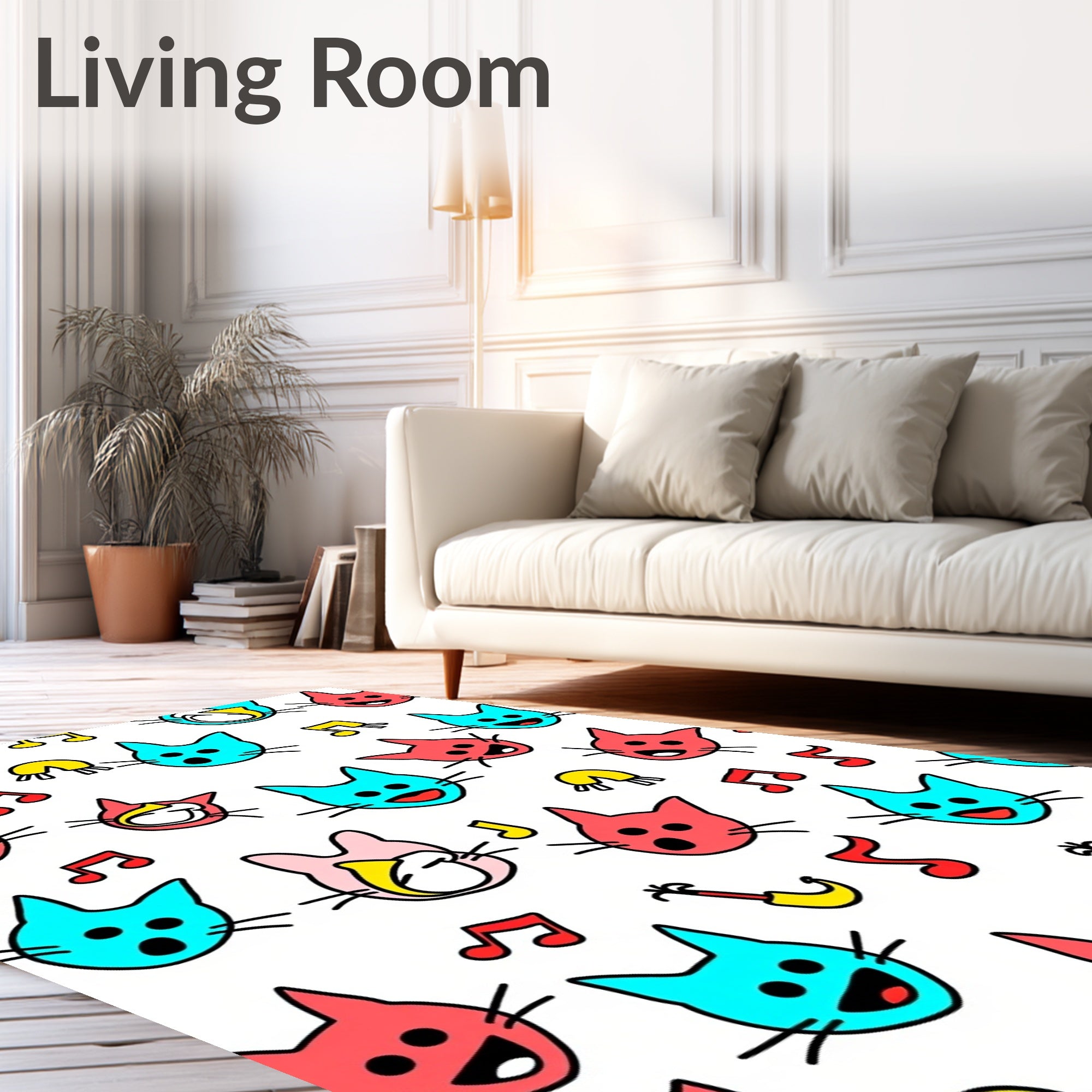 Playful Red Blue Cats Music Notes Rug