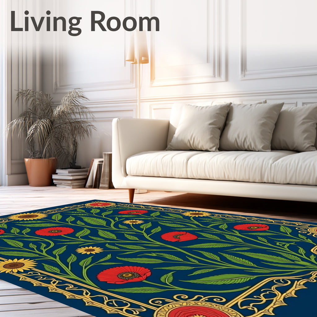 Navy Red Poppy Sunflower Floral Garland Rug