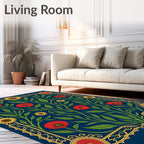 Navy Red Poppy Sunflower Floral Garland Rug