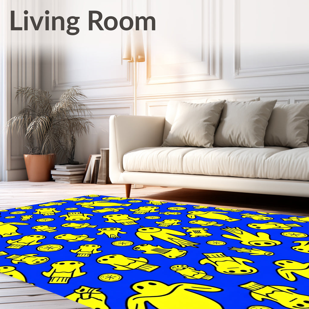 Vibrant Yellow Figures Blue Background Rug