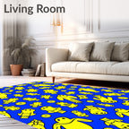 Vibrant Yellow Figures Blue Background Rug