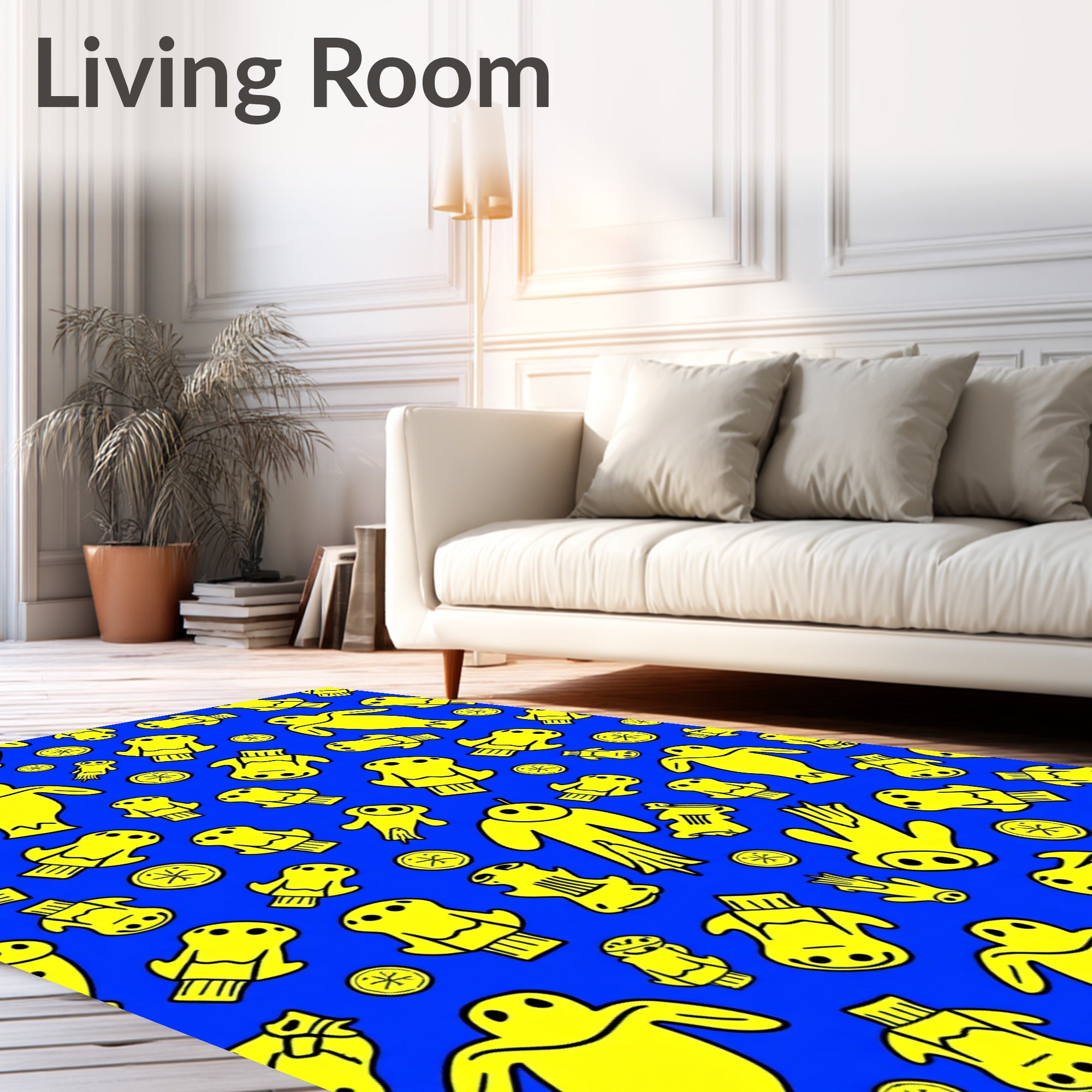 Vibrant Yellow Figures Blue Background Rug