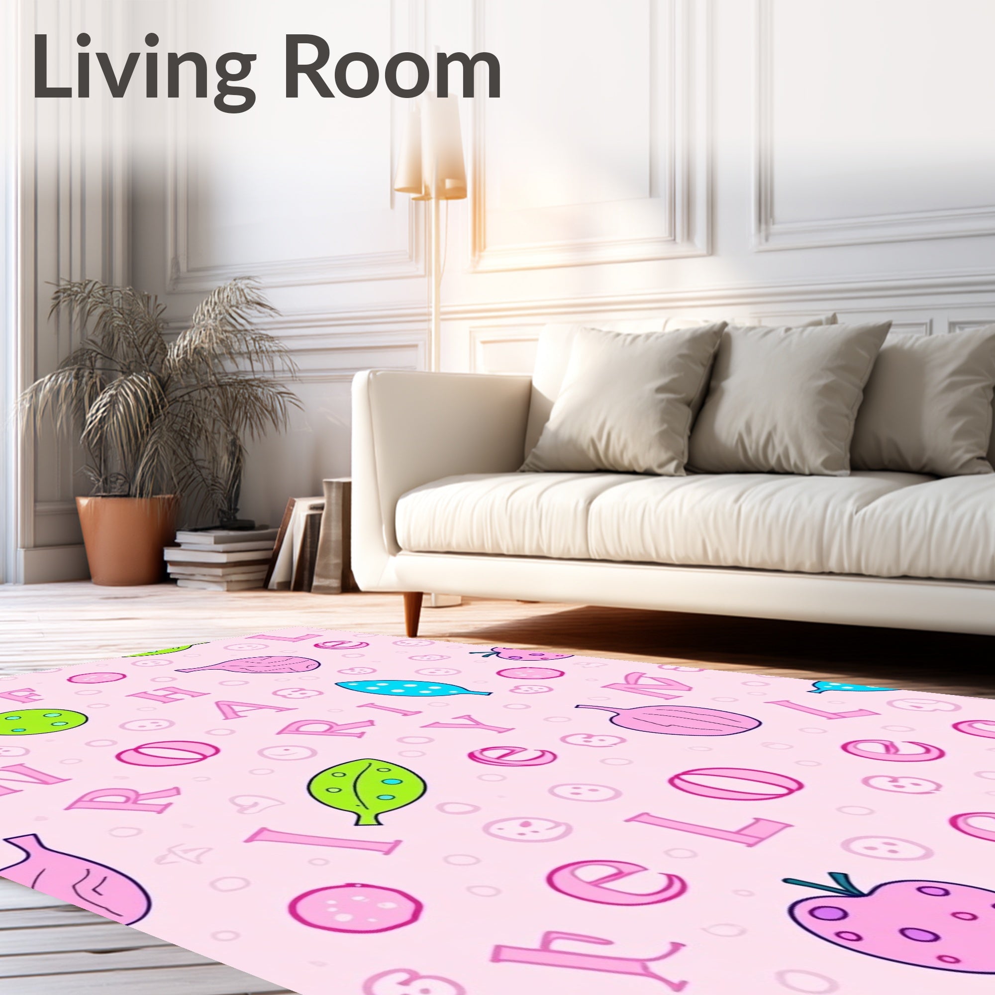 Pink Alphabet Fruits And Leaves Rug