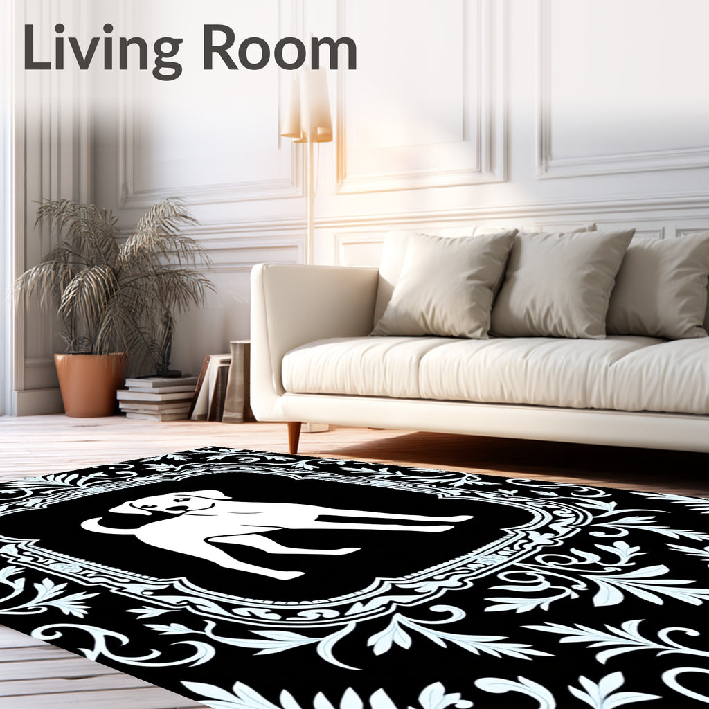 Black White Dog Floral Frame Rug
