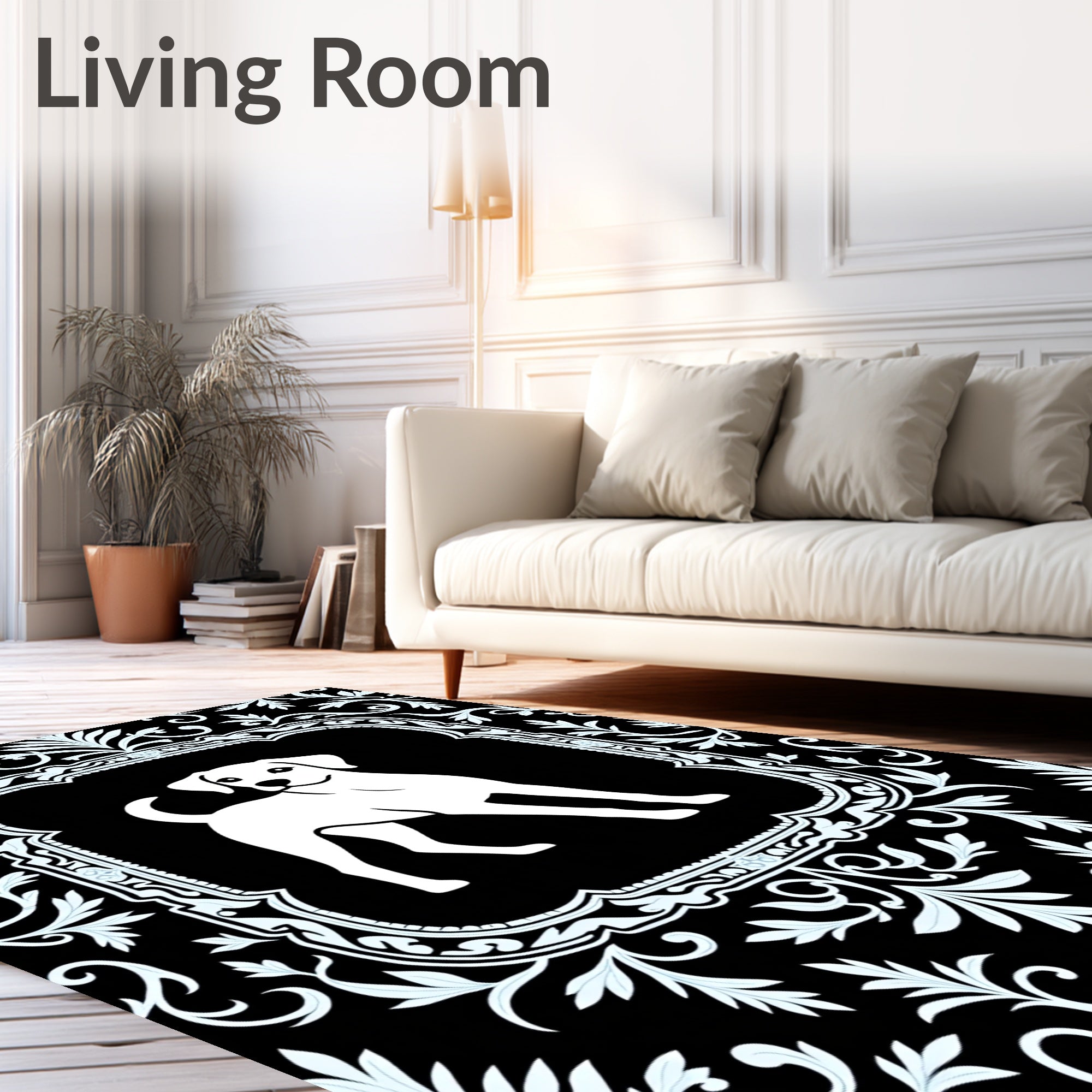 Black White Dog Floral Frame Rug