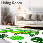 Happy Green Dinosaur Jungle Leaves Rug