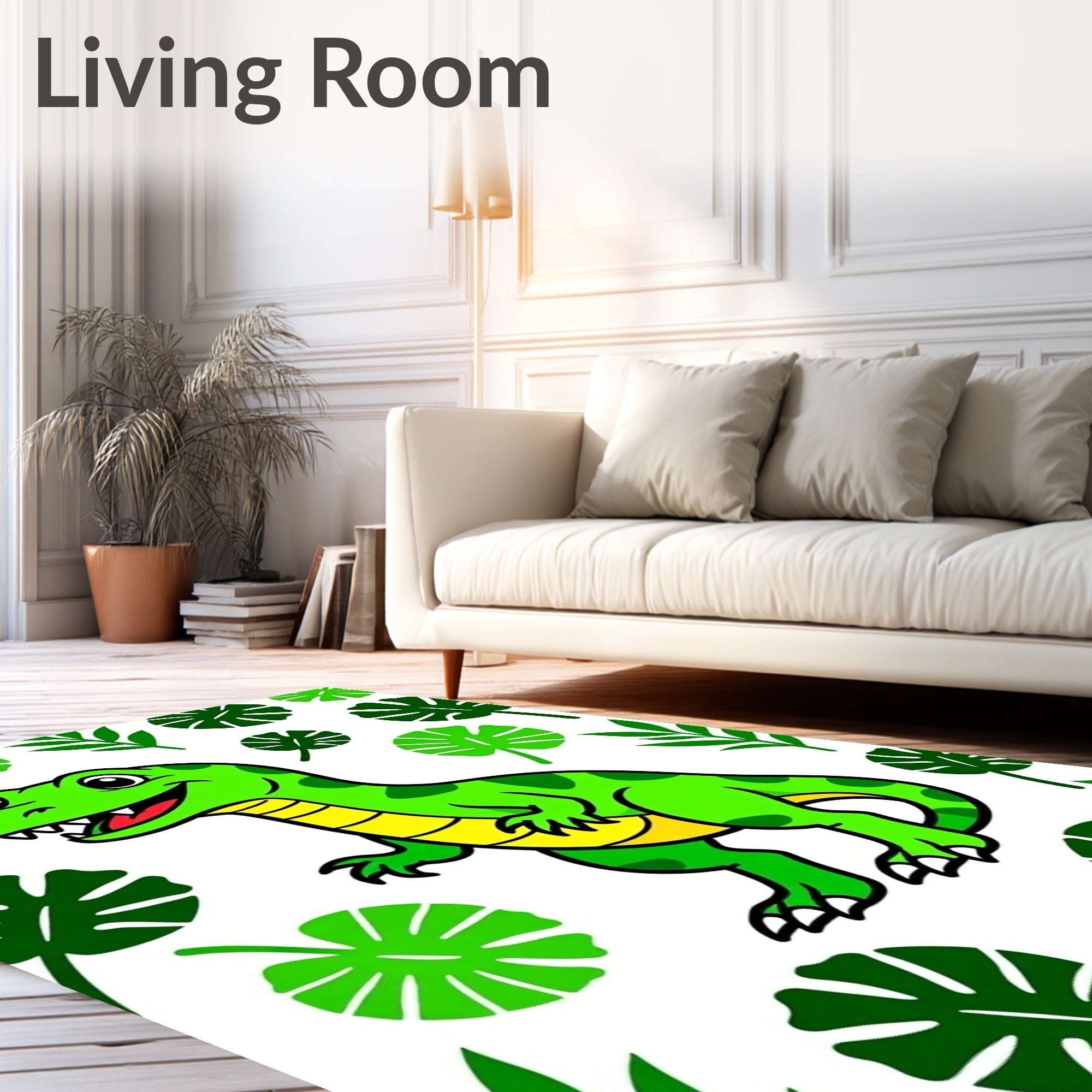 Happy Green Dinosaur Jungle Leaves Rug