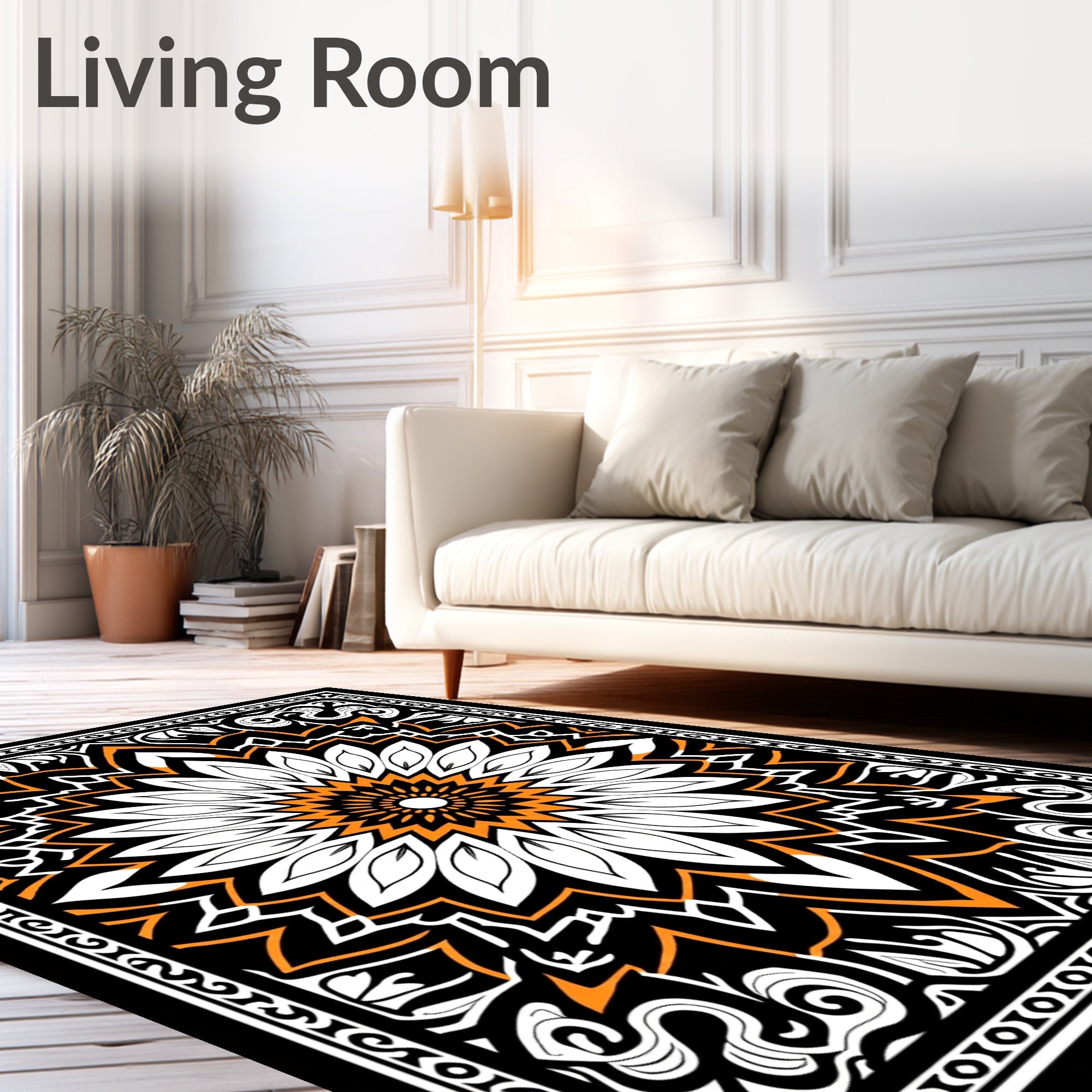 Bold Orange and White Floral Mandala Rug