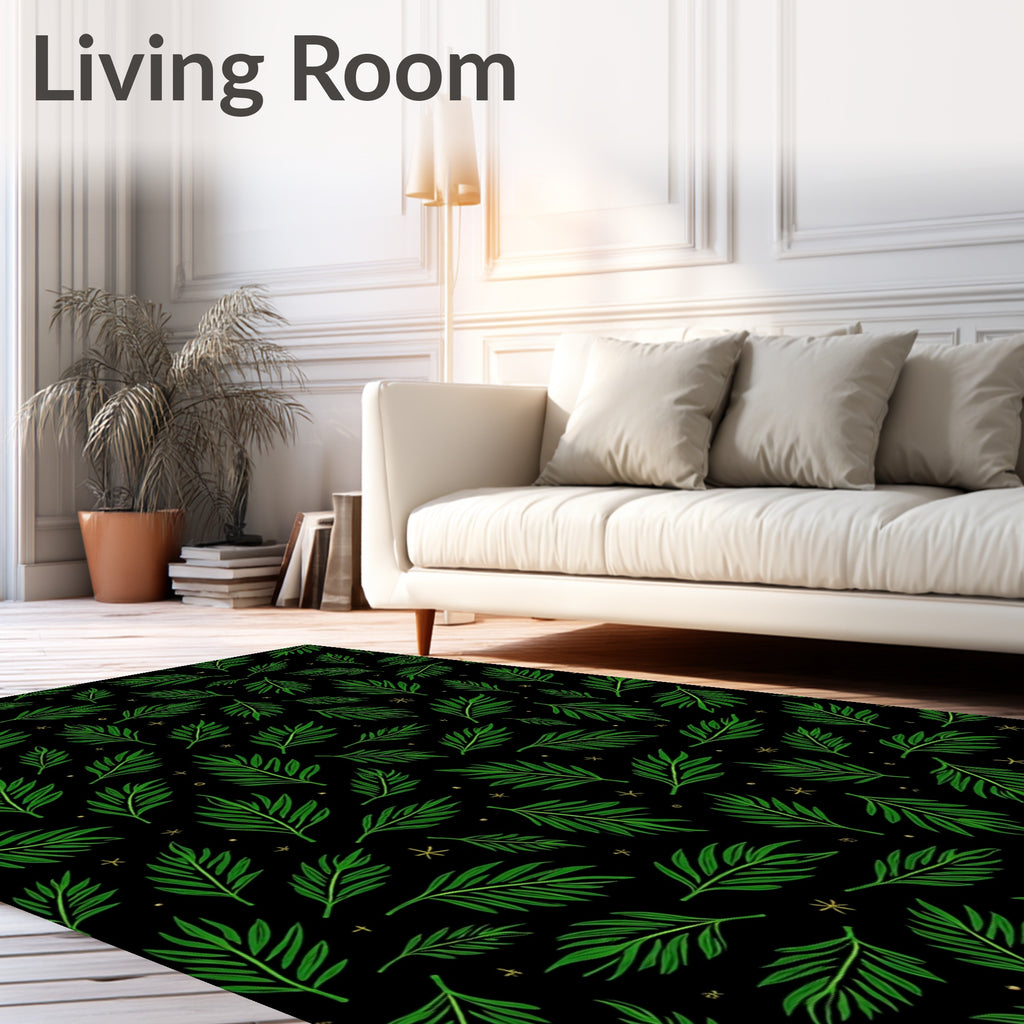 Emerald Palm Fronds Black Gold Accents Rug