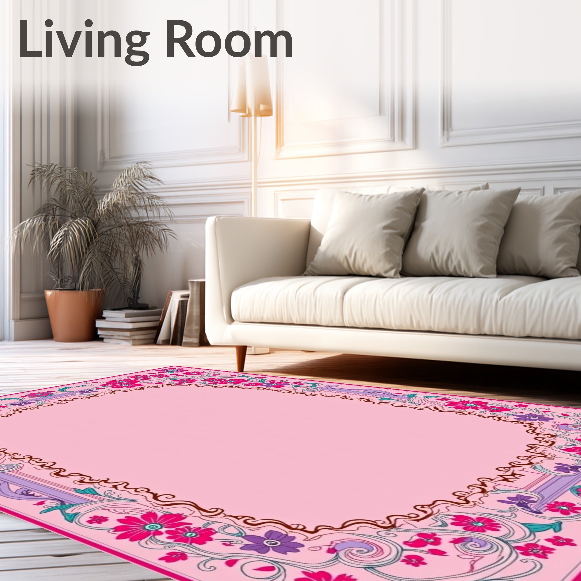 Vibrant Pink Floral Vines Border Rug